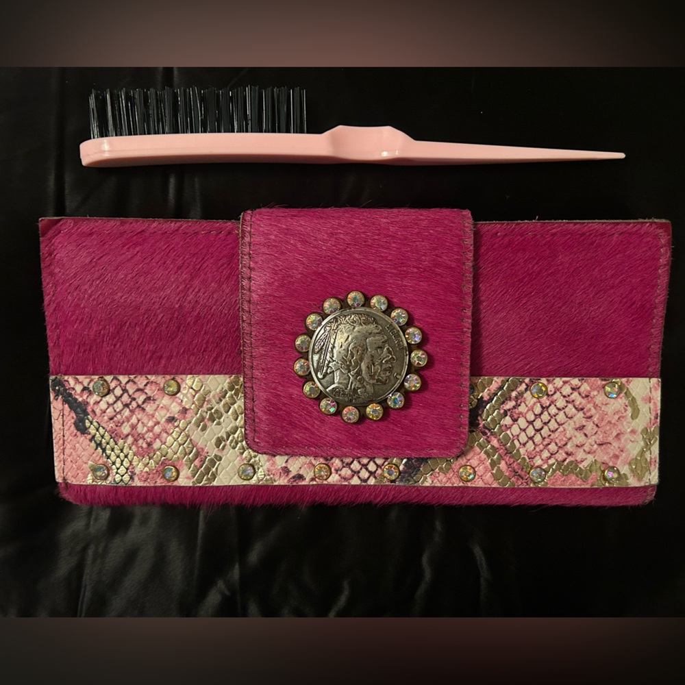 Hot Pink Haircalf Wallet with Embellished Concho
